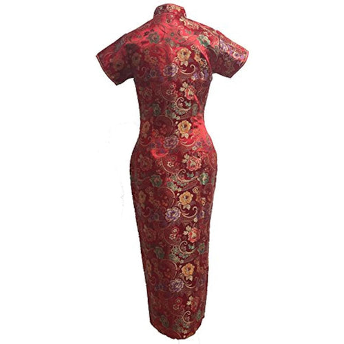 7Fairy Women's Red Long Chinese Floral Cheongsam Dress Ten Buttons