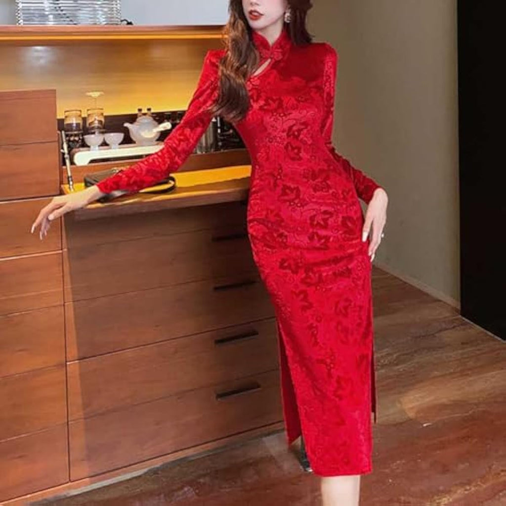 Women's Red Velvet Midi Cheongsam Qipao Dress Floral Embossed Chinese New Year Dress