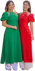 CuteSass Sparkle Puffy Sleeve Ao Dai Set | Pre-made Modernized Vietnamese Ao Dai | Women Ao Dai with Pants | Lunar New Year