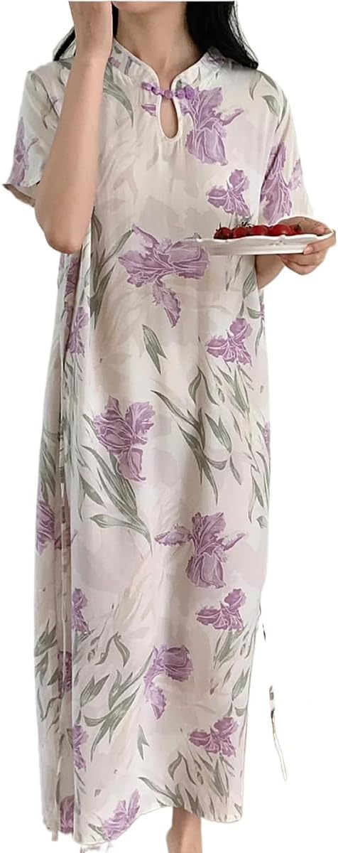 New Chinese Button Color Printed Retro Women's Short Sleeved Summer Loose and Niche Temperament Design Dress