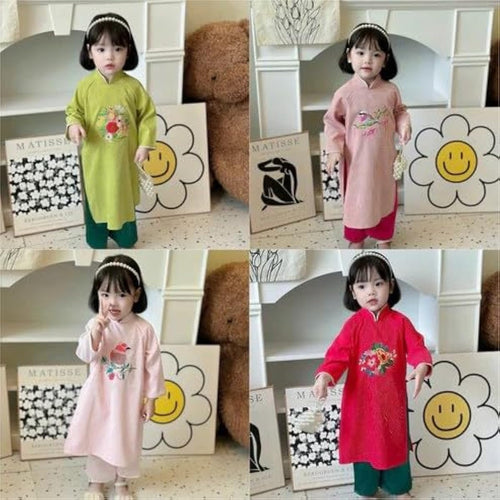 CuteSass Girl Embroidery Ao Dai Set (4 Colors) |Pre-made Vietnamese Ao Dai|Lunar New Year| Kid Ao Dai| Ao Dai for Girl
