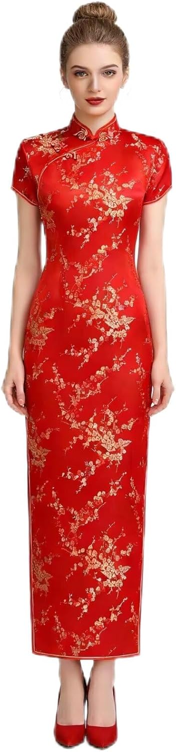 Chinese Women's Cheongsam Qipao Dress Slim Bodycon Exotic Long Split Dresses Wedding Costumes Gown Vintage Lunar New Year