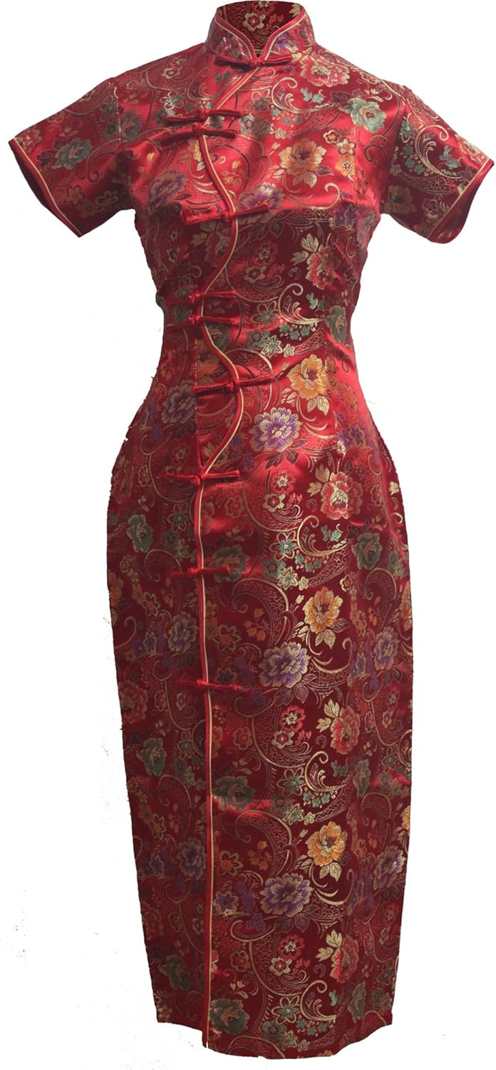 7Fairy Women's Red Long Chinese Floral Cheongsam Dress Ten Buttons